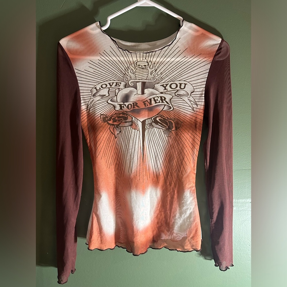 retro 2000s sheer graphic long sleeve top